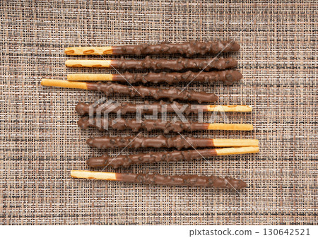 Chocolate cookie sticks, long choco pastries, japan biscuit tubes, korea cracker sticks 130642521