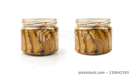 Canned sardine fillet, marinated pilchard, traditional sprat in oil, glass jar 130642593