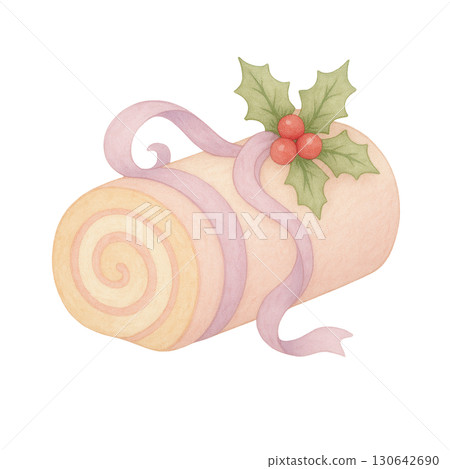 Watercolor Christmas Swiss Roll Cake with Holly Leaves and Pink Ribbon, Festive Holiday Dessert Illustration 130642690