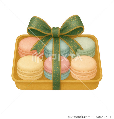 Watercolor Macaron Gift Box with Green Ribbon, Pastel French Cookies, Festive Dessert Illustration 130642695