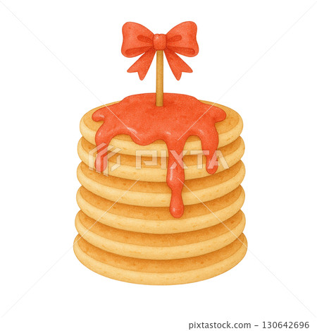 Watercolor Pancake Stack with Dripping Red Syrup and Decorative Bow, Cute Breakfast Dessert Illustration 130642696