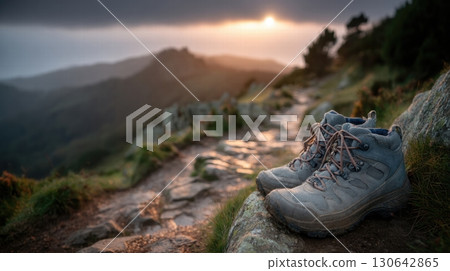 hiking boots on a rocky trail at sunset 130642865