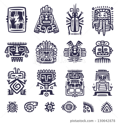 Maya Civilization Symbols and Primitive Traditional Sign Vector Set Maya Civilization Symbols and Primitive Traditional Sign Vector Set 130642878