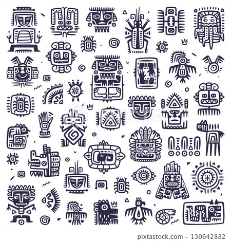 Maya Civilization Symbols and Primitive Traditional Sign Vector Set 130642882