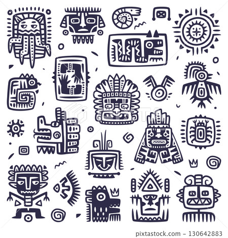 Maya Civilization Symbols and Primitive Traditional Sign Vector Set 130642883