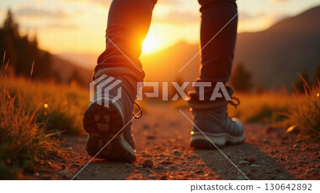 hiking boots on a rocky trail at sunset 130642892
