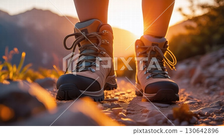 hiking boots on a rocky trail at sunset 130642896