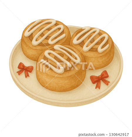 Watercolor Cinnamon Rolls with Icing and Red Bows on Wooden Plate, Festive Dessert Illustration 130642917