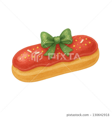 Festive Eclair with Red Icing, Sprinkles, and Green Bow, Cute Holiday Dessert Illustration 130642918