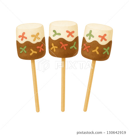 Colorful Festive Marshmallow Pops with Sprinkles on Sticks, Fun Holiday Party Dessert Illustration 130642919