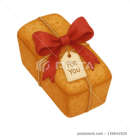 Watercolor Gift Pound Cake with Red Bow and Tag, Cute Holiday Dessert Illustration for Festive Occasions 130642920