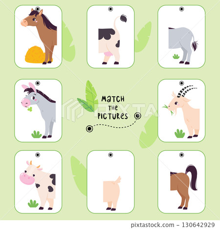 Matching Animal Pictures Together Flashcards for Children Vector Set 130642929