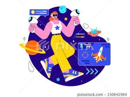 Virtual Reality Gaming Illustration featuring People Using VR Glasses and Controllers to Explore Metaverse Technology and Interactive Experiences 130642964