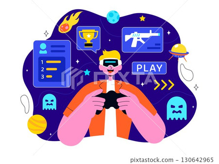 Virtual Reality Gaming Illustration featuring People Using VR Glasses and Controllers to Explore Metaverse Technology and Interactive Experiences 130642965