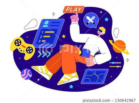 Virtual Reality Gaming Illustration featuring People Using VR Glasses and Controllers to Explore Metaverse Technology and Interactive Experiences 130642967