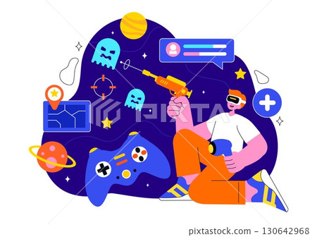 Virtual Reality Gaming Illustration featuring People Using VR Glasses and Controllers to Explore Metaverse Technology and Interactive Experiences 130642968