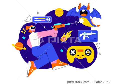 Virtual Reality Gaming Illustration featuring People Using VR Glasses and Controllers to Explore Metaverse Technology and Interactive Experiences 130642969