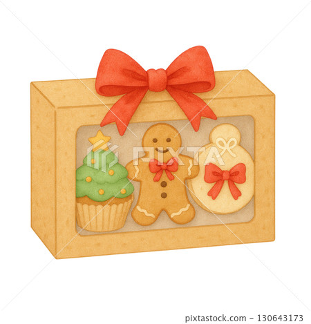 Festive Christmas Cookie Gift Box with Gingerbread Man, Tree Cupcake, Ornament Cookie, and Red Bow 130643173