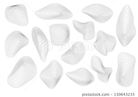 Topographic shapes with pattern of wavy concentric lines. Organic circular ripple vector lines on white background. Geometric contour fluid relief elements. 130643235