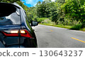 Rear side of dark blue car parking beside road. Right turn signal orange color on asphalt road to nature. Side of road with green forest under blue sky. 130643237