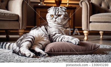 Beautiful silver tabby scottish fold cat is lying on a pillow in a luxurious living room, enjoying the comfort and elegance of its surroundings Beautiful silver tabby scottish fold cat is lying on a pillow in a luxurious living room, enjoying the comfort and elegance of its surroundings 130643280