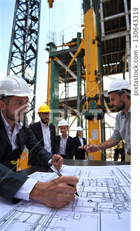 Professional engineering team analyzing construction blueprints, collaborating near heavy crane at urban development project site, wearing safety helmets and work attire 130643319