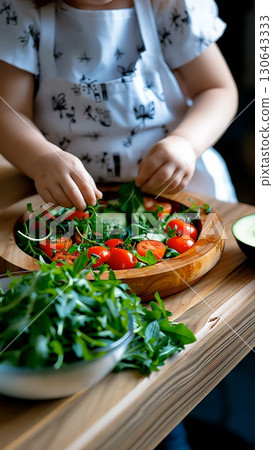 Child in striped apron mixing arugula with tomatoes, cucumber, creating colorful fresh green salad on rustic wooden surface Child in striped apron mixing arugula with tomatoes, cucumber, creating colorful fresh green salad on rustic wooden surface 130643333