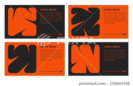 set of abstract poster background with orange liquid connected circle dots. metaballs pattern, abstract geometric shapes collection. Point movement flat icon, frame collage for photo	 130643346
