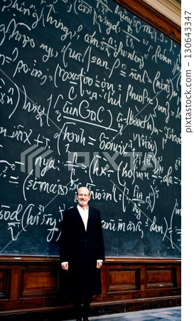 Experienced professor standing near blackboard filled with mathematical equations, representing academic expertise in mathematical research 130643347