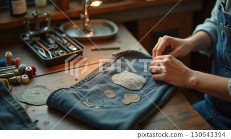 woman sewing process on leather belt 130643394