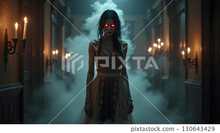 Woman with glowing red eyes walking through smoky haunted hallway. 130643429