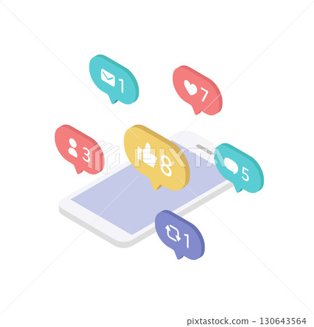 Illustration material of smartphone and SNS notification engagement (isometric, vector) 130643564