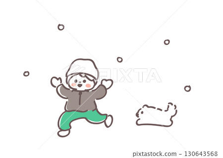 一個可愛的插圖，一個男孩和狗在雪地裡玩耍 130643568