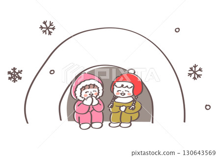 Illustration of children sitting and chatting inside a snow hut 130643569