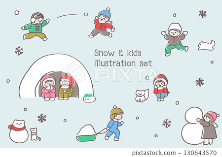 可愛的孩子們在雪地裡玩耍的插圖集 - 可愛且易於閱讀 130643570