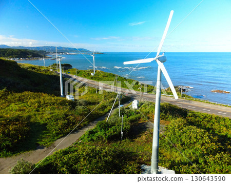 Aerial view of wind turbines generating electricity in Esashi Town, Hokkaido in early autumn 130643590