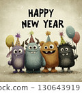 Cute furry monsters in party hats holding balloons and smiling, Happy New Year greeting on playful cartoon background, perfect for kids celebration 130643919