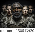 Diverse military team in camouflage uniforms stands together in dramatic lighting, unity and leadership concept for armed forces and defense themes 130643920