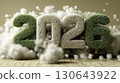 Fluffy green and white 2026 numbers in soft cloud texture, eco-friendly New Year concept, sustainability, nature, modern celebration, and creative background 130643922