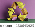Modern geometric recycle symbol in origami yellow and orange with leaves and grass on bold pink and green background, eco-friendly sustainability and environmental design concept 130643925