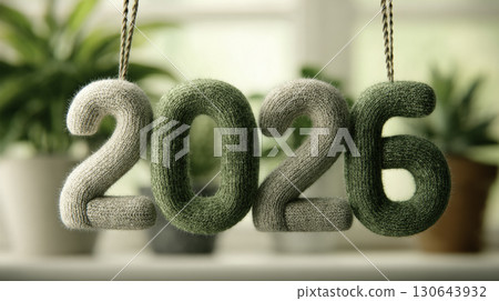 Soft knitted 2026 numbers suspended on string, cozy textile art with green plants for eco-friendly new year, celebration, and sustainable design backgrounds Soft knitted 2026 numbers suspended on string, cozy textile art with green plants for eco-friendly new year, celebration, and sustainable design backgrounds 130643932