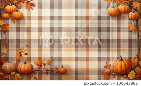Autumn pumpkin and beige plaid background 130643969