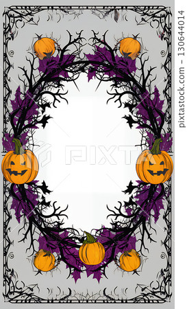 Halloween frame with gothic pumpkin and purple leaves 130644014