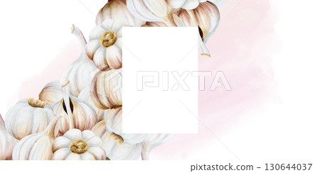 Watercolor garlic horizontal template with vertical copy space. Food label template with realistic illustration isolated on white. Hand drawn realistic vegetables in pastel beige and pink colors 130644037