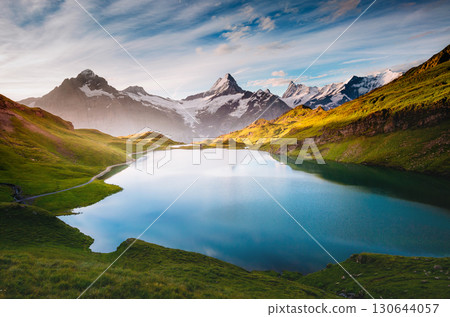 Panorama of Mt. Schreckhorn and Wetterhorn above Bachalpsee lake. Location place Swiss alps, Bernese Oberland, Grindelwald, Europe. 130644057