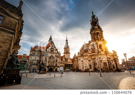 Dramatic view of cathedral Catholic Hofkirche and palace Georgenbau. Location place Dresden, Saxony, Germany, Europe. 130644076