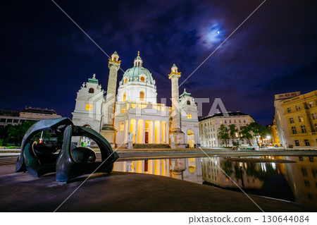 Magical evening view of the St. Charles Church (Karlskirche). Location place Karlsplatz in Vienna. Austria, Europe. Magical evening view of the St. Charles Church (Karlskirche). Location place Karlsplatz in Vienna. Austria, Europe. 130644084