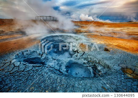Ominous view geothermal area Hverir (Hverarond) near Lake Myvatn. Location place Krafla northeastern region of Iceland, Europe. 130644095