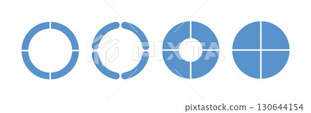 Circle division infographic icon set. Pie chart divided four equal parts. Blue ring, donut round diagram. Infographic wheel segment and fraction. Vector illustration isolated on white background 130644154