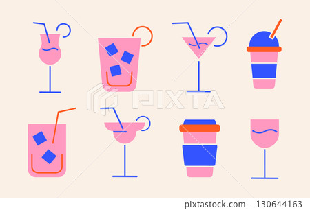 set of colorful drinks, cocktail and beverages icons, abstract elements made geometric shapes 130644163